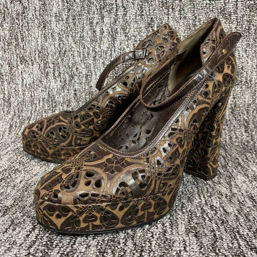VTG 90s BIBA Italy Deco Laser Cut Out Leather Platform Mary Jane Heels Women 7.5